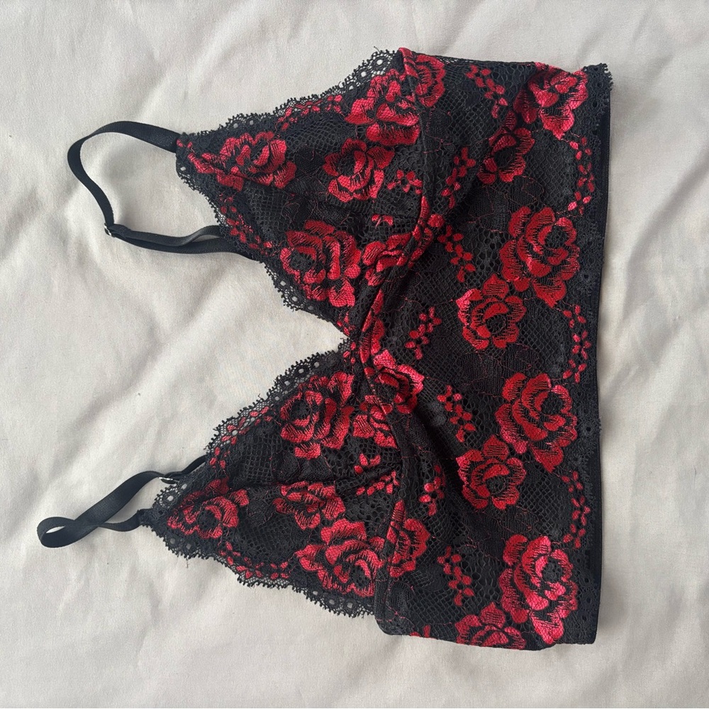 SHEIN Black Lace Bralette with Red Rose Embroidery